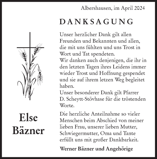 Traueranzeige von Else Bäzner von NWZ Neue Württembergische Zeitung