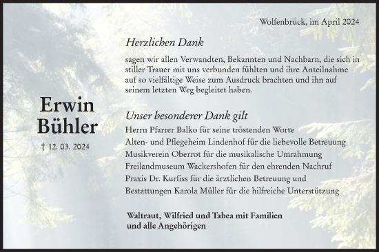 Traueranzeige von Erwin Bühler von Haller Tagblatt/Rundschau Gaildorf