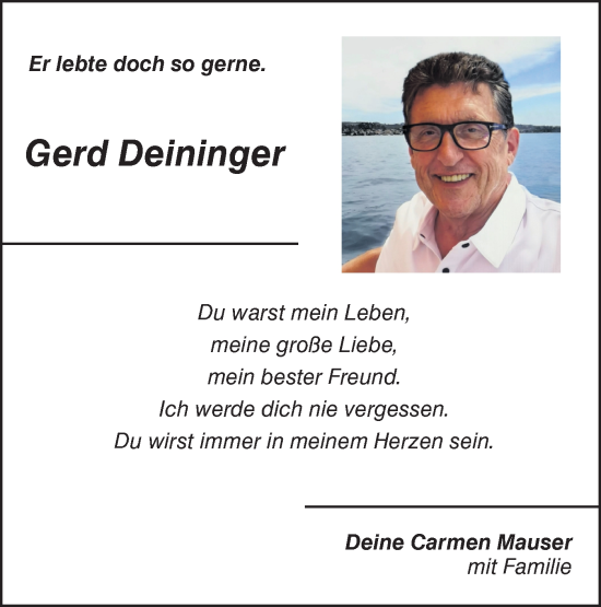 Traueranzeige von Gerd Deininger von Haller Tagblatt/Rundschau Gaildorf