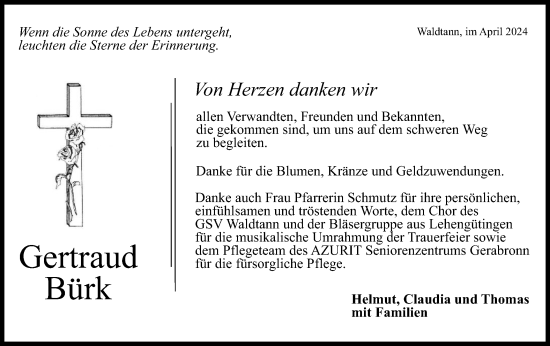 Traueranzeige von Gertraud Bürk von Hohenloher Tagblatt