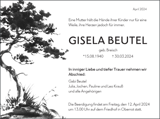 Traueranzeige von Gisela Beutel von Haller Tagblatt/Rundschau Gaildorf