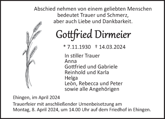 Traueranzeige von Gottfried Dirmeier von SÜDWEST PRESSE Ausgabe Ulm/Neu-Ulm