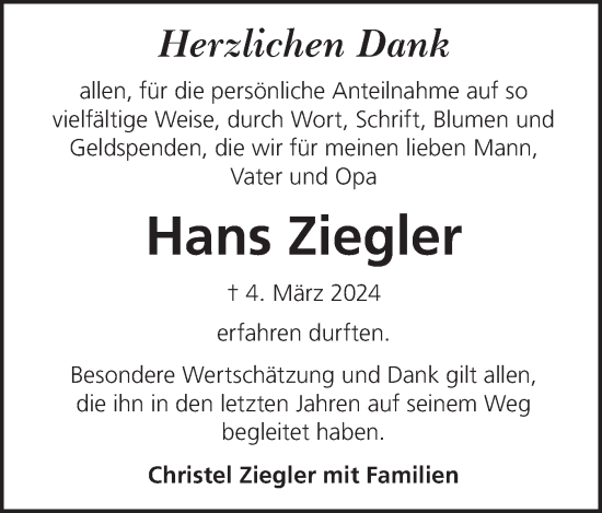 Traueranzeige von Hans Ziegler von Alb-Bote/Metzinger-Uracher Volksblatt