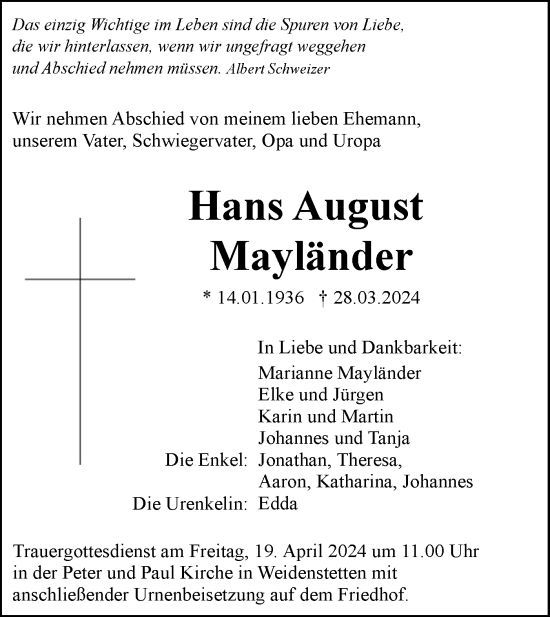 Traueranzeige von Hans August Mayländer von SÜDWEST PRESSE Ausgabe Ulm/Neu-Ulm