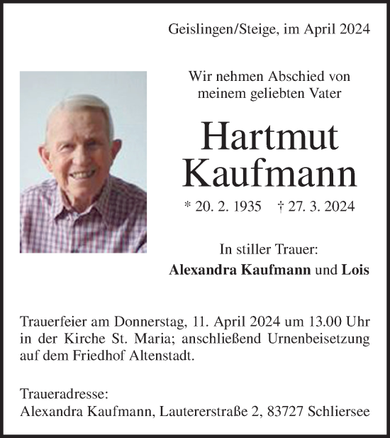 Traueranzeige von Hartmut Kaufmann von Geislinger Zeitung