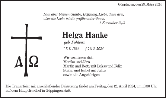 Traueranzeige von Helga Hanke von NWZ Neue Württembergische Zeitung