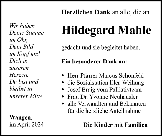 Traueranzeige von Hildegard Mahle von SÜDWEST PRESSE Ausgabe Ulm/Neu-Ulm