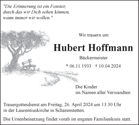 Traueranzeige von Hubert Hoffmann von SÜDWEST PRESSE Ausgabe Ulm/Neu-Ulm