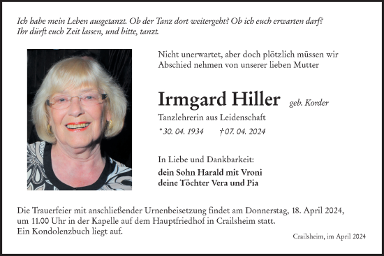 Traueranzeige von Irmgard Hiller von Hohenloher Tagblatt