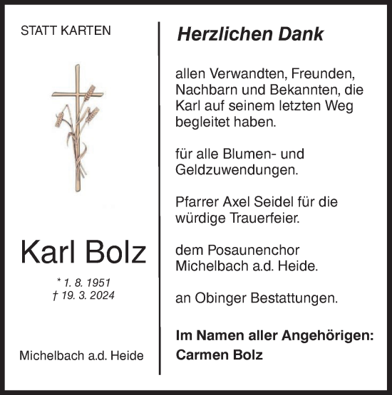 Traueranzeige von Karl Bolz von Hohenloher Tagblatt