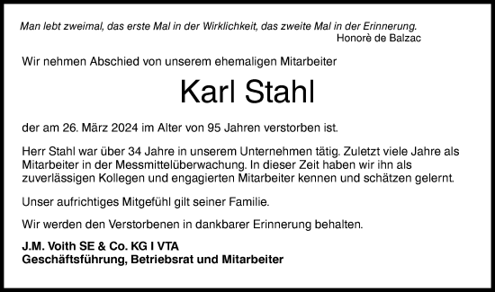 Traueranzeige von Karl Stahl von Hohenloher Tagblatt