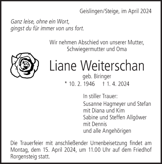 Traueranzeige von Liane Weiterschan von Geislinger Zeitung