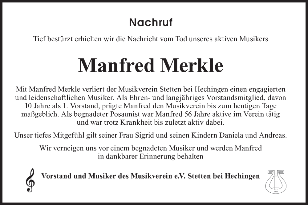  Traueranzeige für Manfred Merkle vom 23.04.2024 aus SÜDWEST PRESSE Zollernalbkreis/Hohenzollerische Zeitung