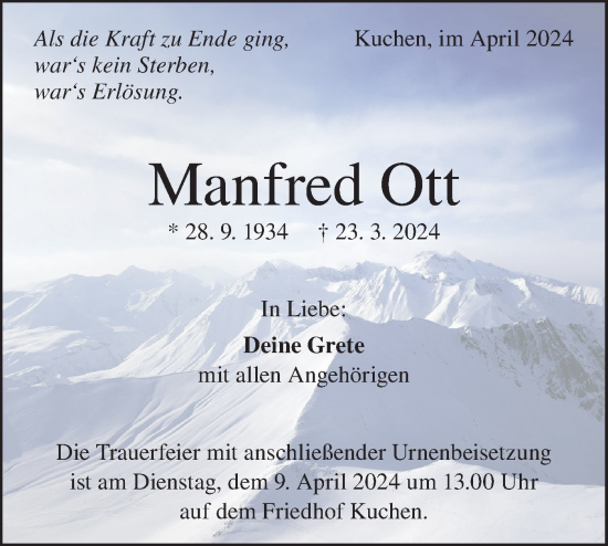 Traueranzeige von Manfred Ott von Geislinger Zeitung