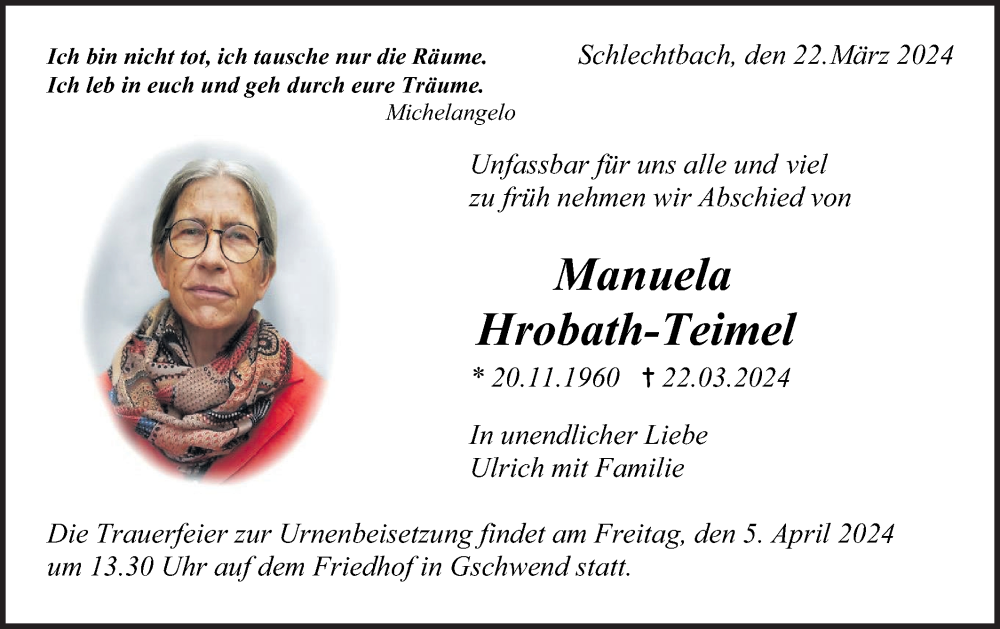  Traueranzeige für Manuela Hrobath-Teimel vom 03.04.2024 aus Rundschau Gaildorf