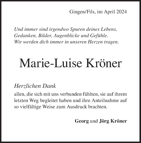 Traueranzeige von Marie-Luise Kröner von Geislinger Zeitung