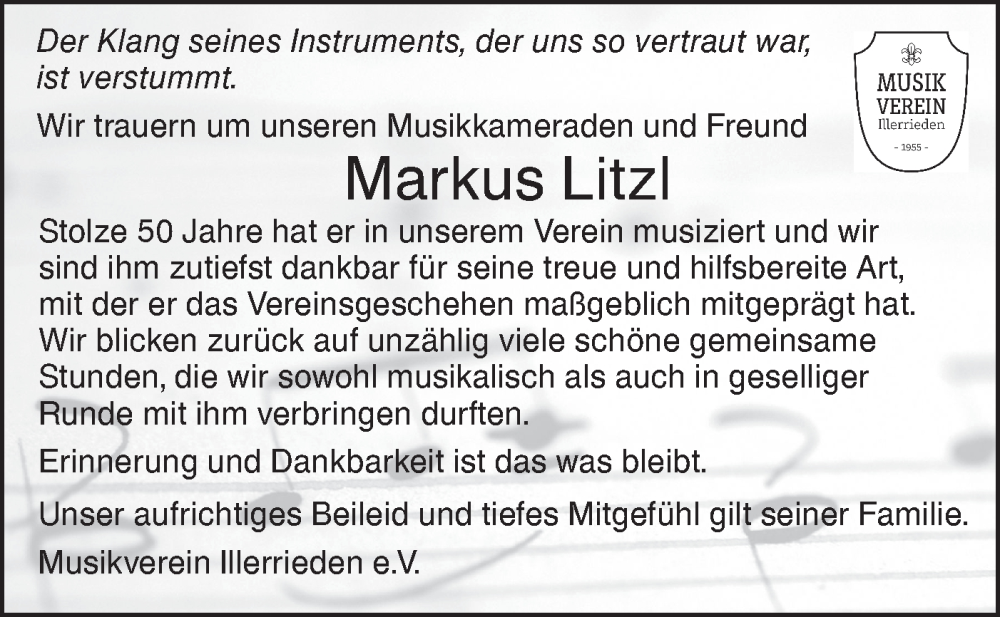 Traueranzeige für Markus Litzl vom 02.04.2024 aus SÜDWEST PRESSE Ausgabe Ulm/Neu-Ulm