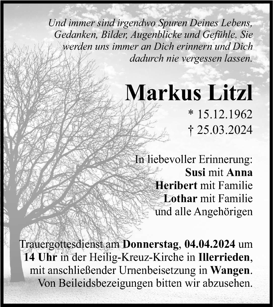  Traueranzeige für Markus Litzl vom 02.04.2024 aus SÜDWEST PRESSE Ausgabe Ulm/Neu-Ulm
