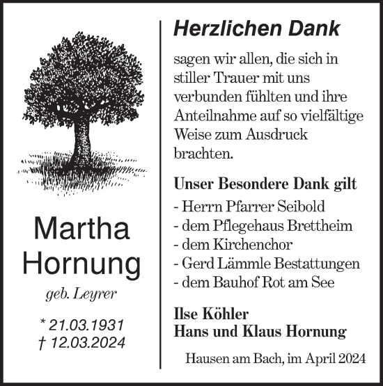 Traueranzeige von Martha Hornung von Hohenloher Tagblatt