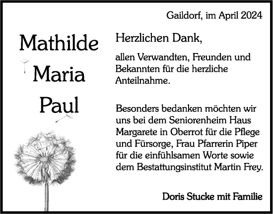 Traueranzeige von Mathilde Maria Paul von Rundschau Gaildorf