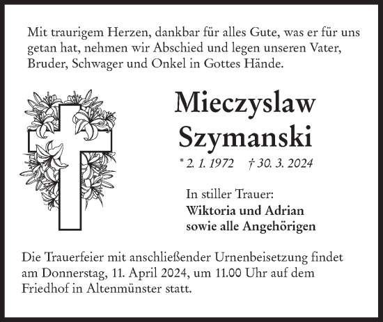 Traueranzeige von Mieczyslaw Szymanski von Hohenloher Tagblatt