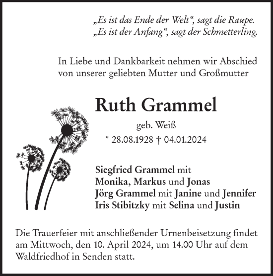 Traueranzeige von Ruth Grammel von SÜDWEST PRESSE Ausgabe Ulm/Neu-Ulm