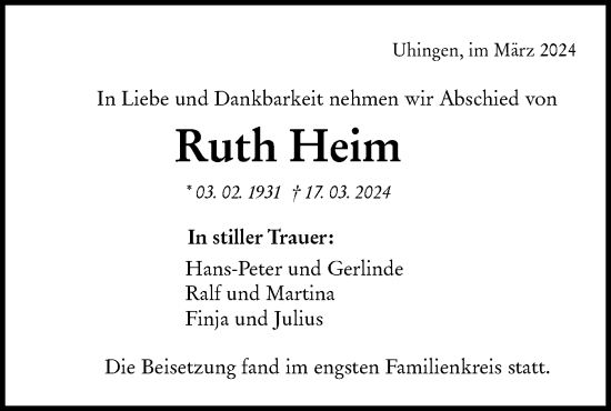 Traueranzeige von Ruth Heim von NWZ Neue Württembergische Zeitung