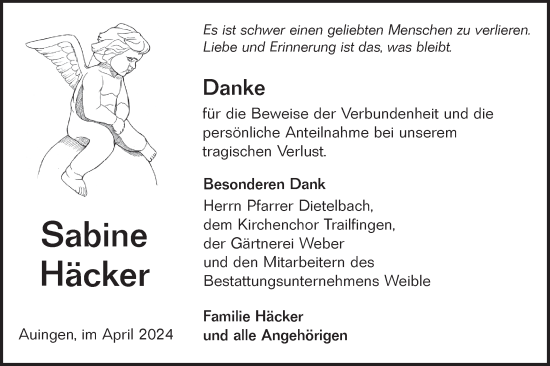 Traueranzeige von Sabine Häcker von Alb-Bote/Metzinger-Uracher Volksblatt