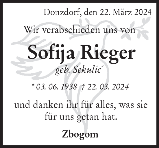 Traueranzeige von Sofija Rieger von NWZ Neue Württembergische Zeitung