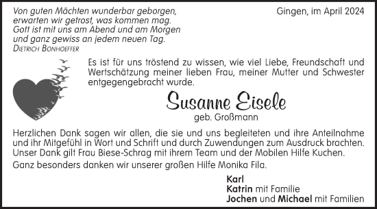 Traueranzeige von Susanne Eisele von Geislinger Zeitung