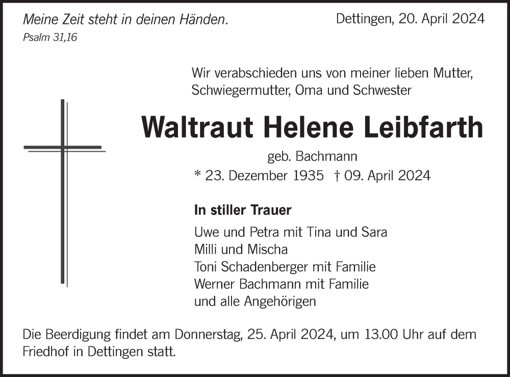  Traueranzeige für Waltraut Helene Leibfarth vom 20.04.2024 aus Alb-Bote/Metzinger-Uracher Volksblatt