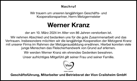 Traueranzeige von Werner Kranz von Hohenloher Tagblatt