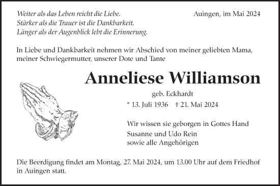 Traueranzeige von Anneliese Williamson von Alb-Bote/Metzinger-Uracher Volksblatt