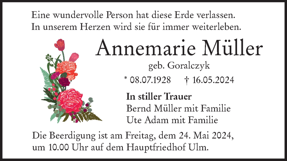  Traueranzeige für Annemarie Müller vom 22.05.2024 aus SÜDWEST PRESSE Ausgabe Ulm/Neu-Ulm