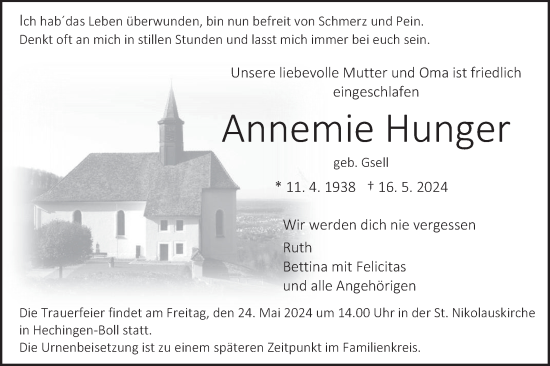 Traueranzeige von Annemie Hunger von SÜDWEST PRESSE Zollernalbkreis/Hohenzollerische Zeitung