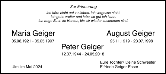 Traueranzeige von August Geiger von SÜDWEST PRESSE Ausgabe Ulm/Neu-Ulm