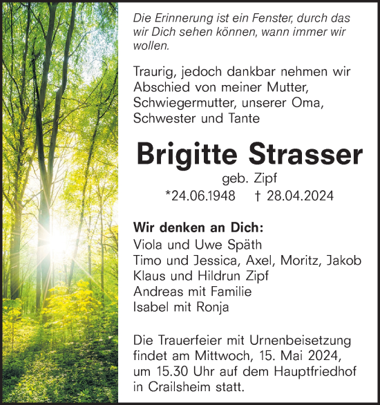 Traueranzeige von Brigitte Strasser von Hohenloher Tagblatt