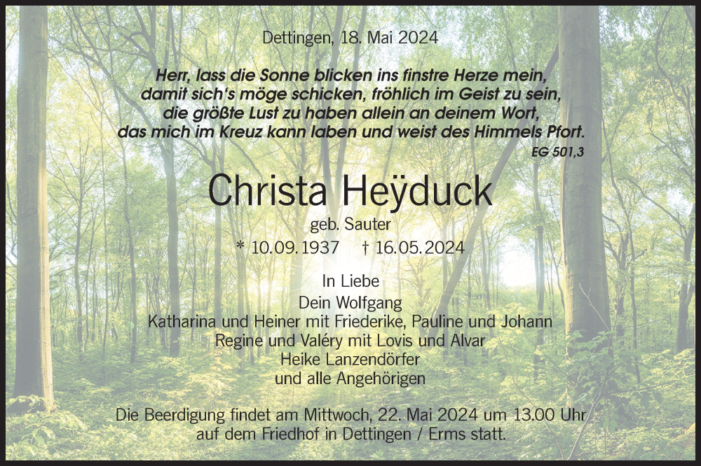  Traueranzeige für Christa Heyduck vom 18.05.2024 aus Alb-Bote/Metzinger-Uracher Volksblatt