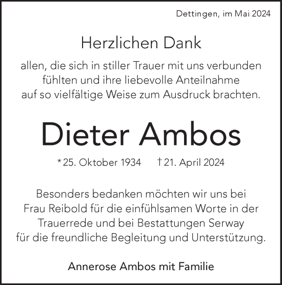 Traueranzeige von Dieter Ambos von Alb-Bote/Metzinger-Uracher Volksblatt