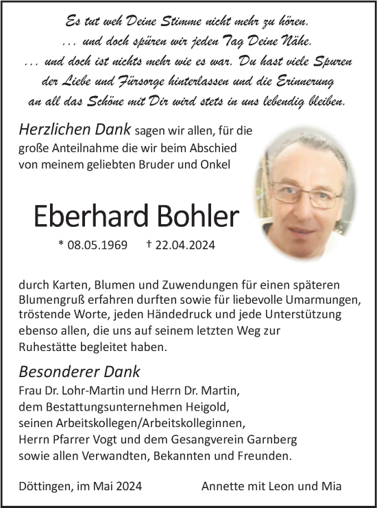 Traueranzeige von Eberhard Bohler von Haller Tagblatt