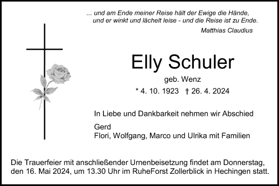 Traueranzeige von Elly Schuler von SÜDWEST PRESSE Zollernalbkreis/Hohenzollerische Zeitung