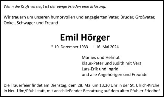 Traueranzeige von Emil Hörger von SÜDWEST PRESSE Ausgabe Ulm/Neu-Ulm/Neu-Ulmer Zeitung