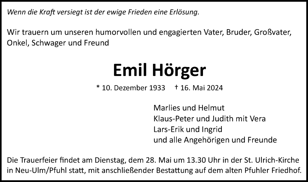  Traueranzeige für Emil Hörger vom 25.05.2024 aus SÜDWEST PRESSE Ausgabe Ulm/Neu-Ulm/Neu-Ulmer Zeitung