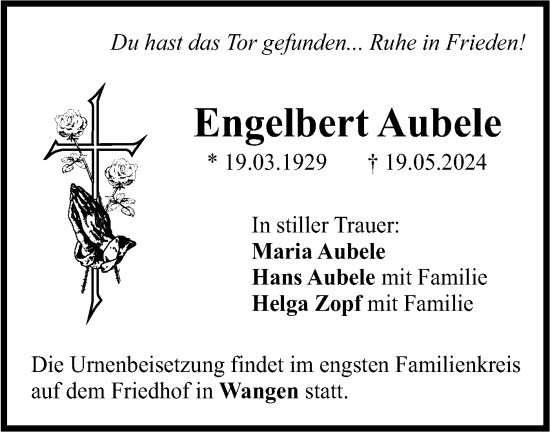 Traueranzeige von Engelbert Aubele von SÜDWEST PRESSE Ausgabe Ulm/Neu-Ulm