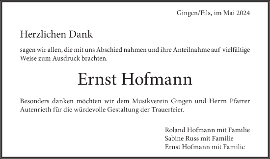 Traueranzeige von Ernst Hofmann von Geislinger Zeitung