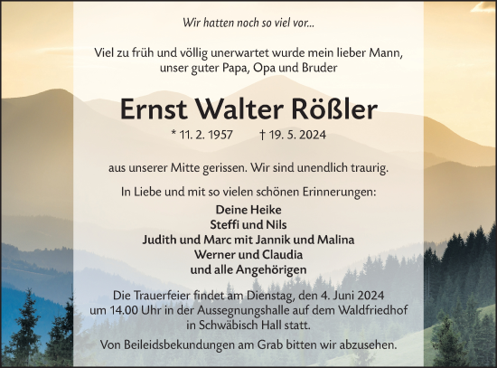 Traueranzeige von Ernst Walter Rößler von Haller Tagblatt