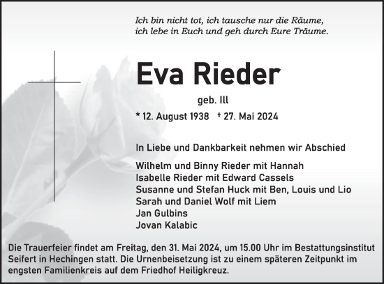 Traueranzeige von Eva Rieder von SÜDWEST PRESSE Zollernalbkreis/Hohenzollerische Zeitung