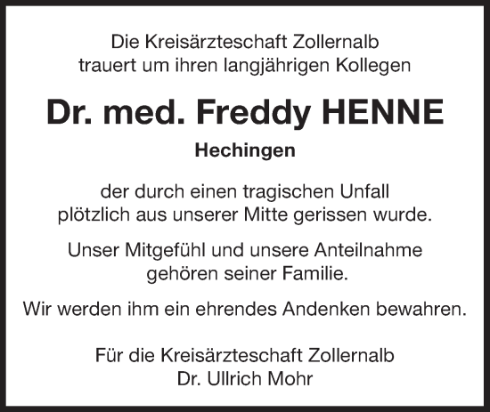 Traueranzeige von Freddy Henne von SÜDWEST PRESSE Zollernalbkreis/Hohenzollerische Zeitung