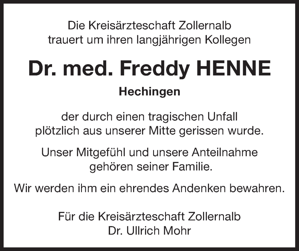  Traueranzeige für Freddy Henne vom 21.05.2024 aus SÜDWEST PRESSE Zollernalbkreis/Hohenzollerische Zeitung