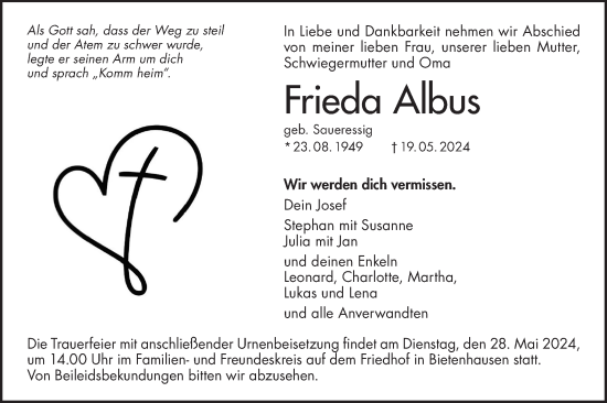 Traueranzeige von Frieda Albus von SÜDWEST PRESSE Zollernalbkreis/Hohenzollerische Zeitung